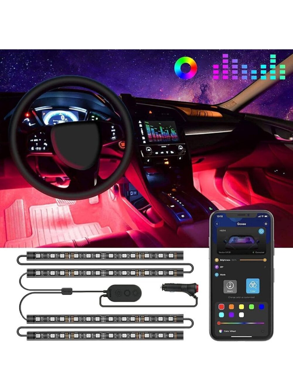 Smart RGB LED Car Interior Lights with App Control - Color Changing Ambient